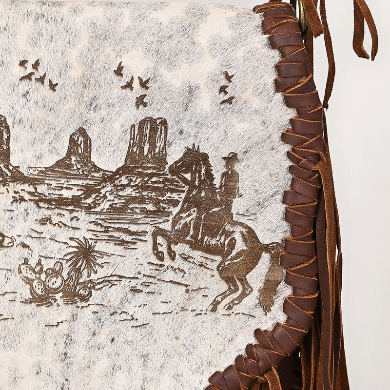 American Darling Western Messenger Bag - Hair-On Leather Fringe Bag with Cowboy Desert Scene & Whipstitch Detail-Conceal Carry