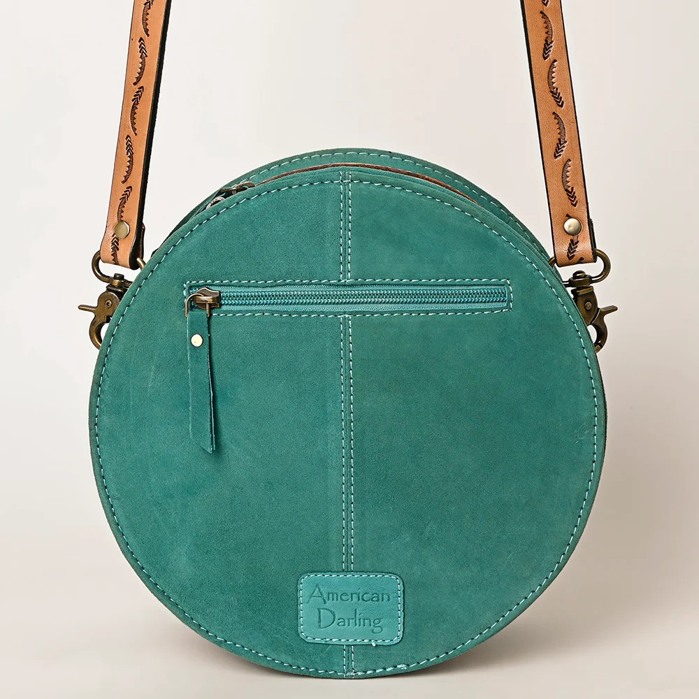 American Darling Crossbody Canteen Genuine Western Leather Handbag-Turquoise and Natural handtooled