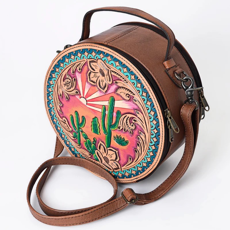 American Darling Western Canteen Bag Hand Tooled Genuine Leather Crossbody-Desert Sunset