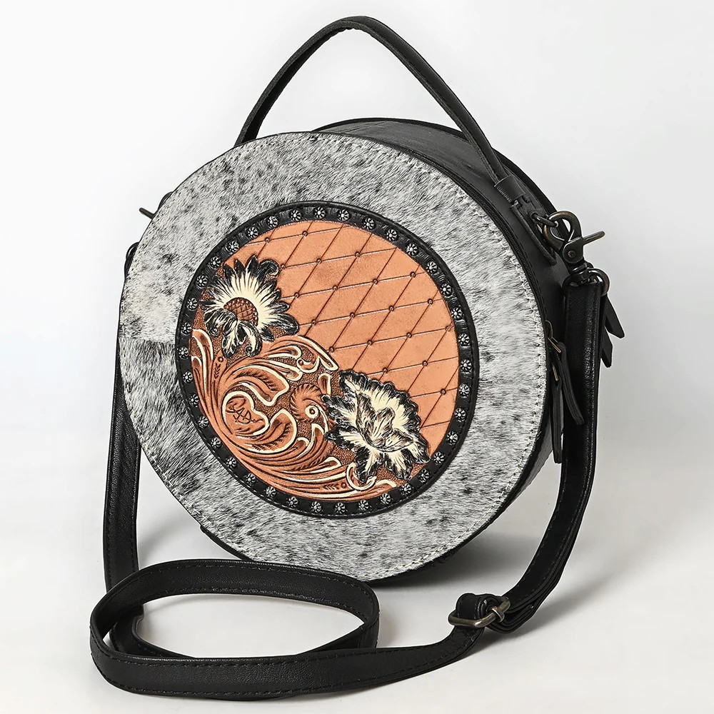 American American Darling Western Genuine Leather Canteen Bag with Hand-Tooled Detailing & Hair-On Accents-Turquoise or Black