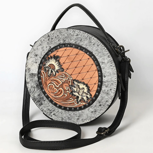 American American Darling Western Genuine Leather Canteen Bag with Hand-Tooled Detailing & Hair-On Accents-Turquoise or Black