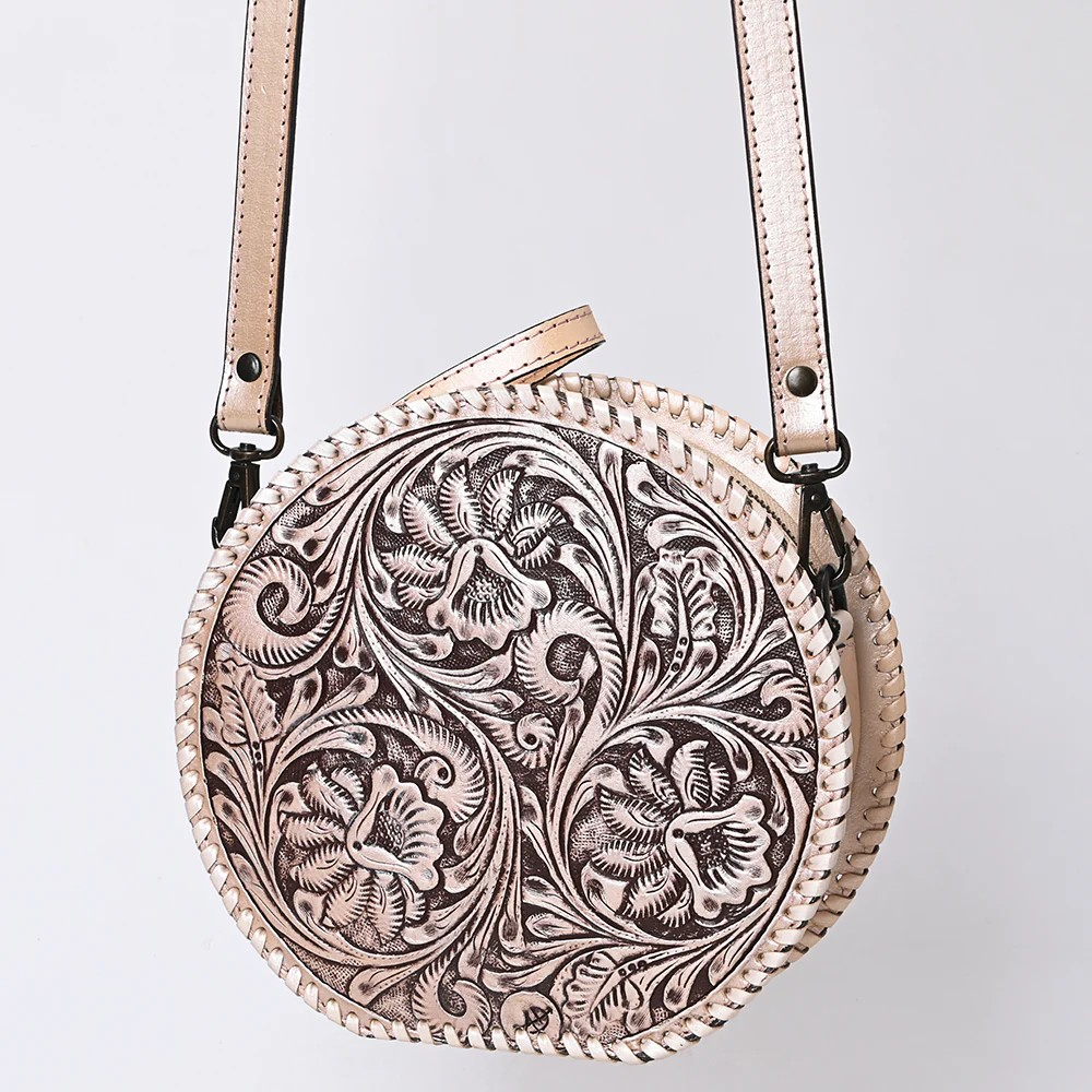 American Darling Round Hand-Tooled Leather Canteen Bag - Western Floral Circle Purse- Pink Pearl