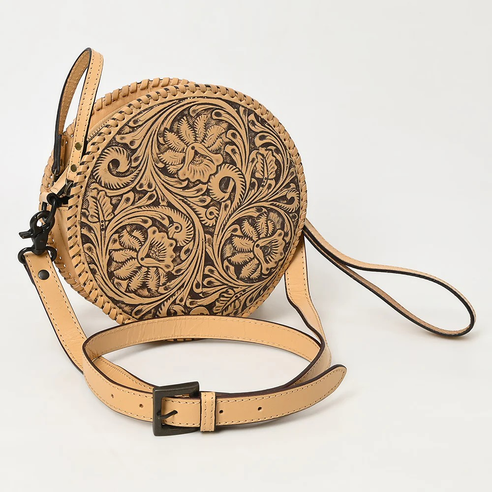 American Darling Round Hand-Tooled Leather Canteen Bag - Western Floral Circle Purse-Natural Beige