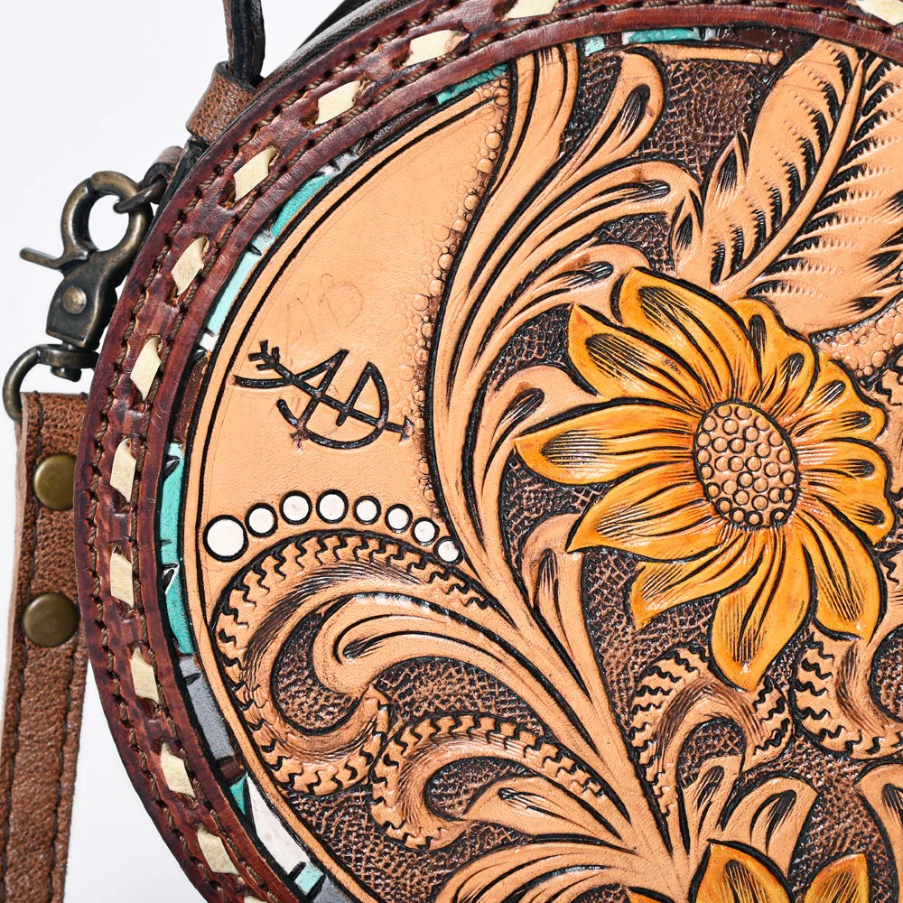 American Darling Western Tooled Leather Crossbody Canteen Bag Floral Carved Sunflower Inlay