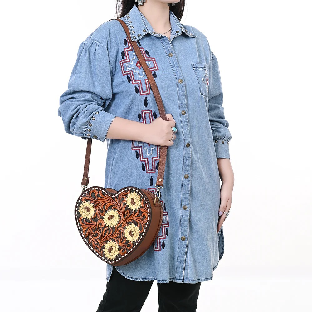American Darling Heart-Shaped Tooled Leather Cross body Bag - Sunflower Floral Design with Western Stitch