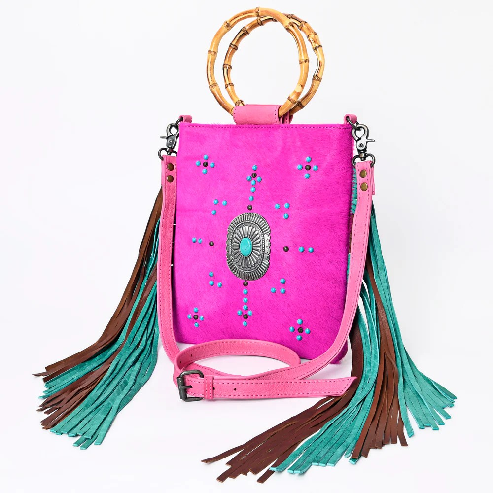 American Darling Cowhide Crossbody -Bamboo Handle Fringe Handbag- the pink hottie