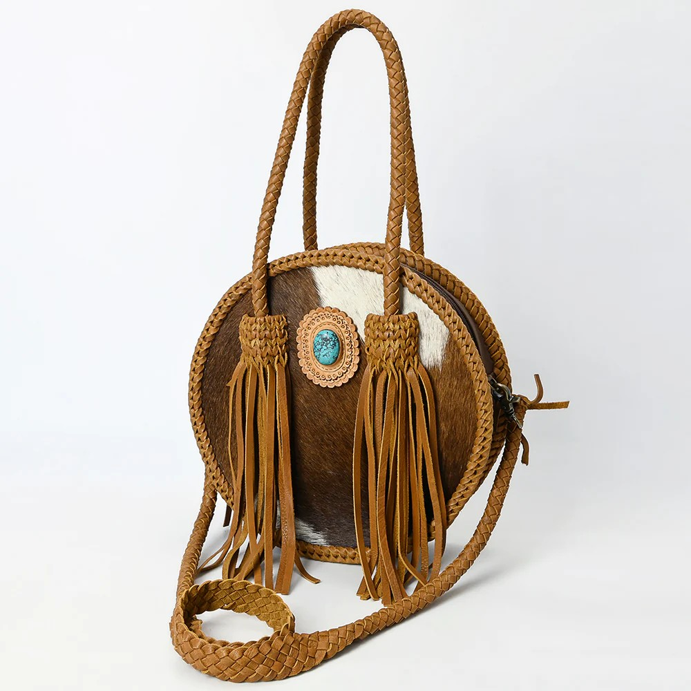 American Darling Round Cowhide Leather Crossbody Canteen Fringe Bag - Western Turquoise Concho & Braided Strap