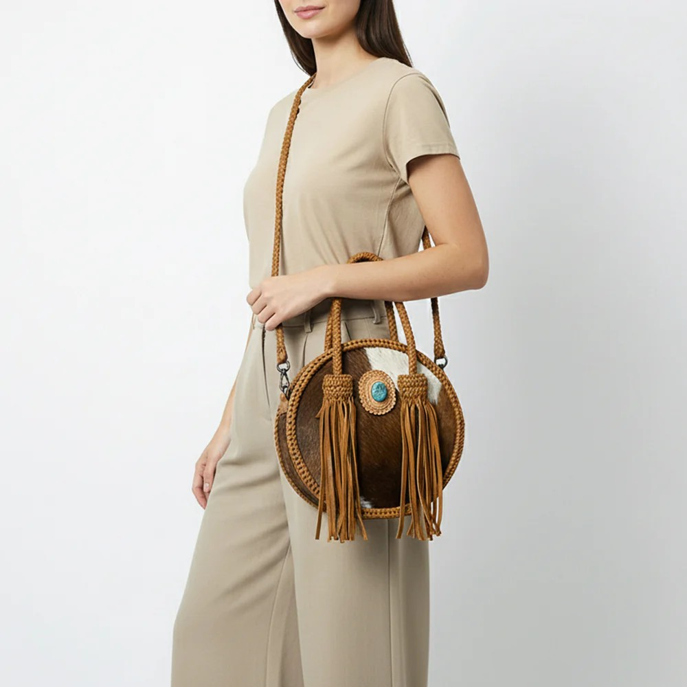 American Darling Round Cowhide Leather Crossbody Canteen Fringe Bag - Western Turquoise Concho & Braided Strap