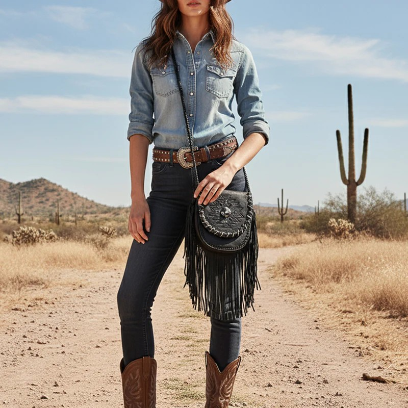 American Darling Western Fringe Crossbody - Black Leather Bag with Tribal Stitch, Concho, and Whipstitch Detail