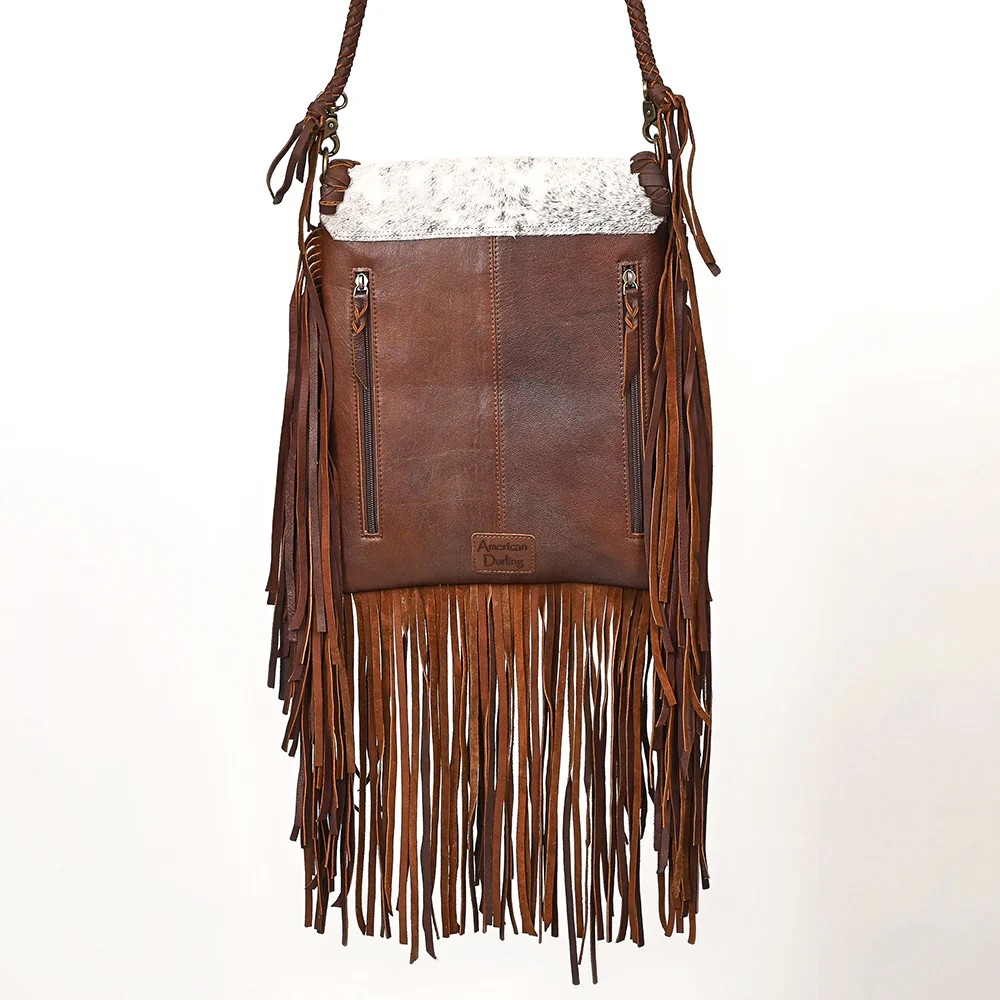American Darling Western Messenger Bag - Hair-On Leather Fringe Bag with Cowboy Desert Scene & Whipstitch Detail-Conceal Carry