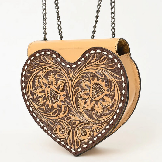 American Darlng Heart-Shaped Hand-Tooled Leather Crossbody Canteen Bag with Chain Strap-pale yellow