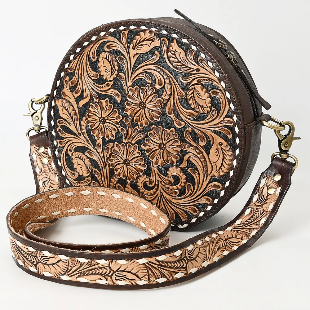 American Darling Canteen Bag Hand Tooled Floral Leather Round Crossbody