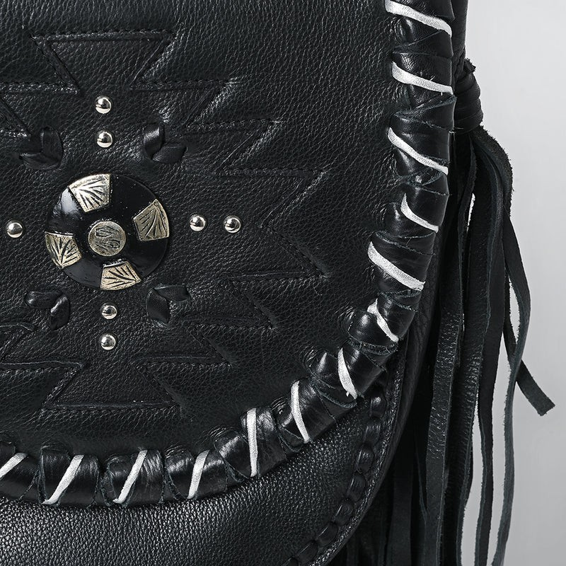 American Darling Western Fringe Crossbody - Black Leather Bag with Tribal Stitch, Concho, and Whipstitch Detail
