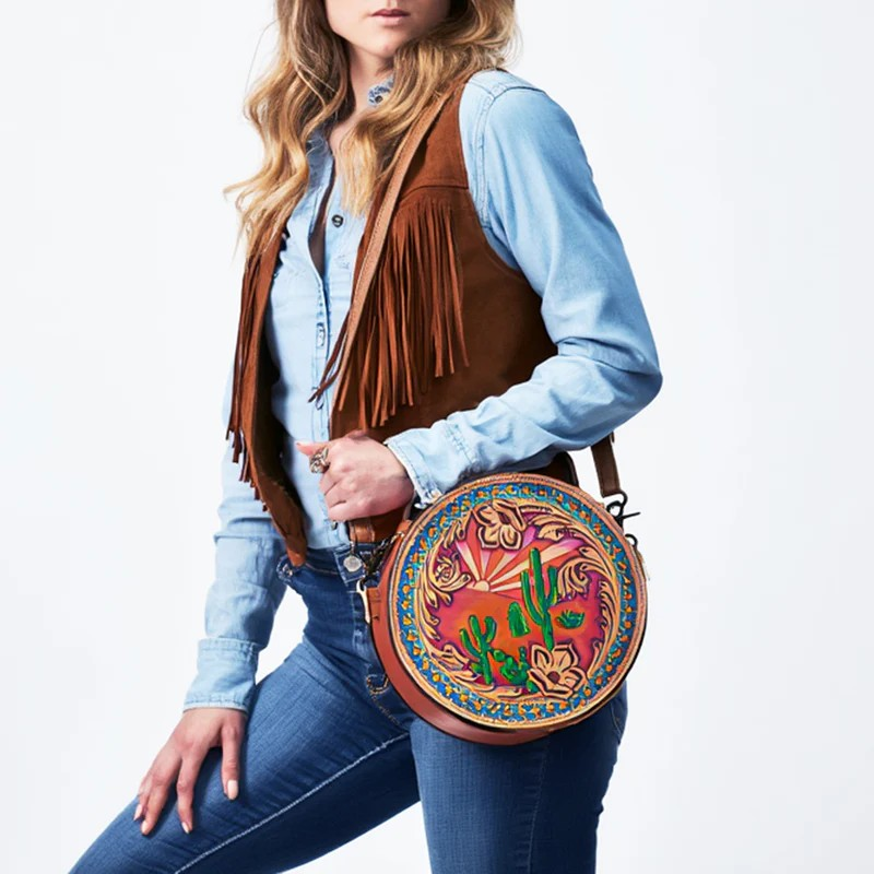 American Darling Western Canteen Bag Hand Tooled Genuine Leather Crossbody-Desert Sunset