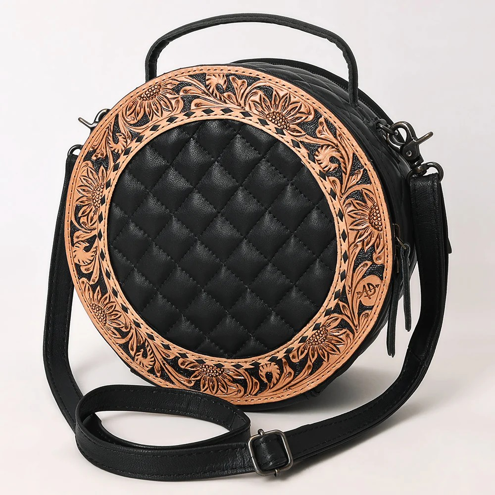 American Darling Black Quilted Leather Canteen Bag | Hand-Tooled Floral Crossbody