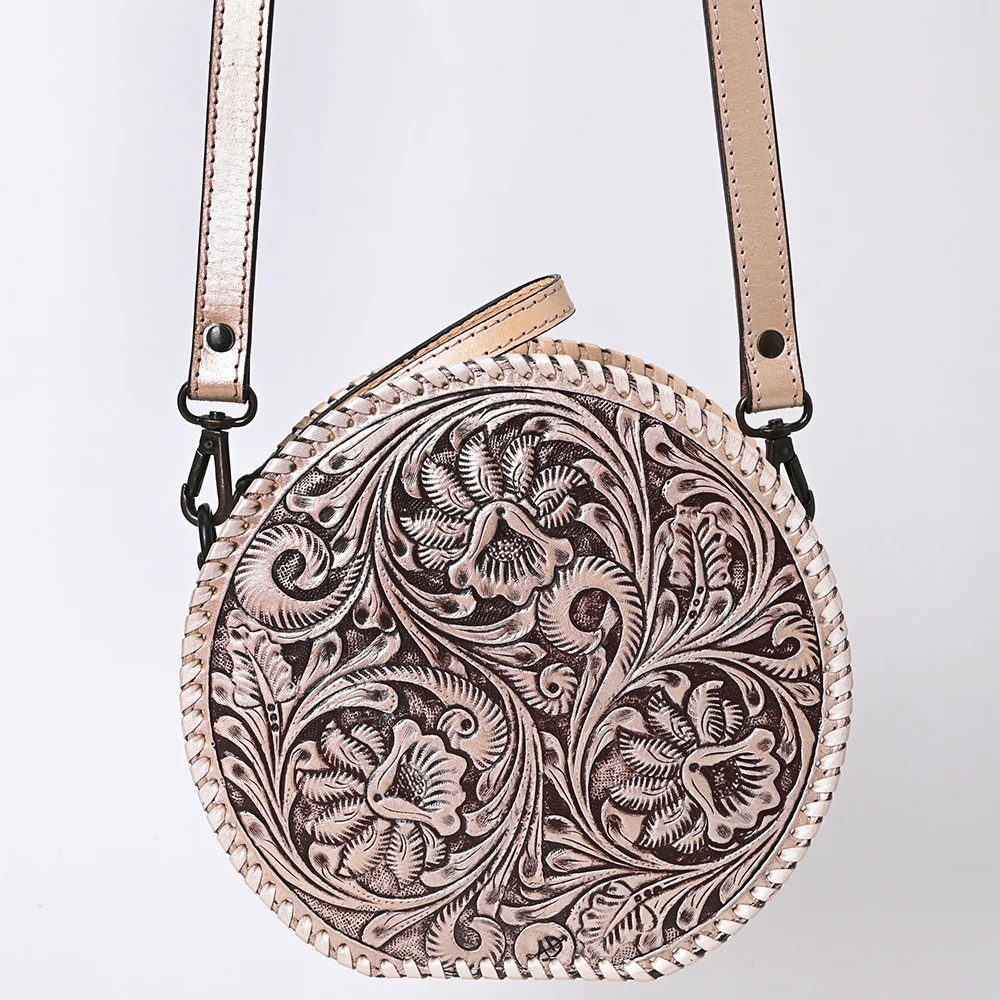 American Darling Round Hand-Tooled Leather Canteen Bag - Western Floral Circle Purse- Pink Pearl