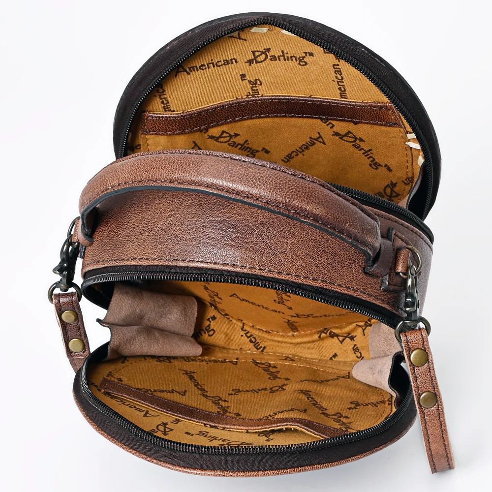 American Darling Western Tooled Leather Crossbody Canteen Bag Floral Carved Sunflower Inlay